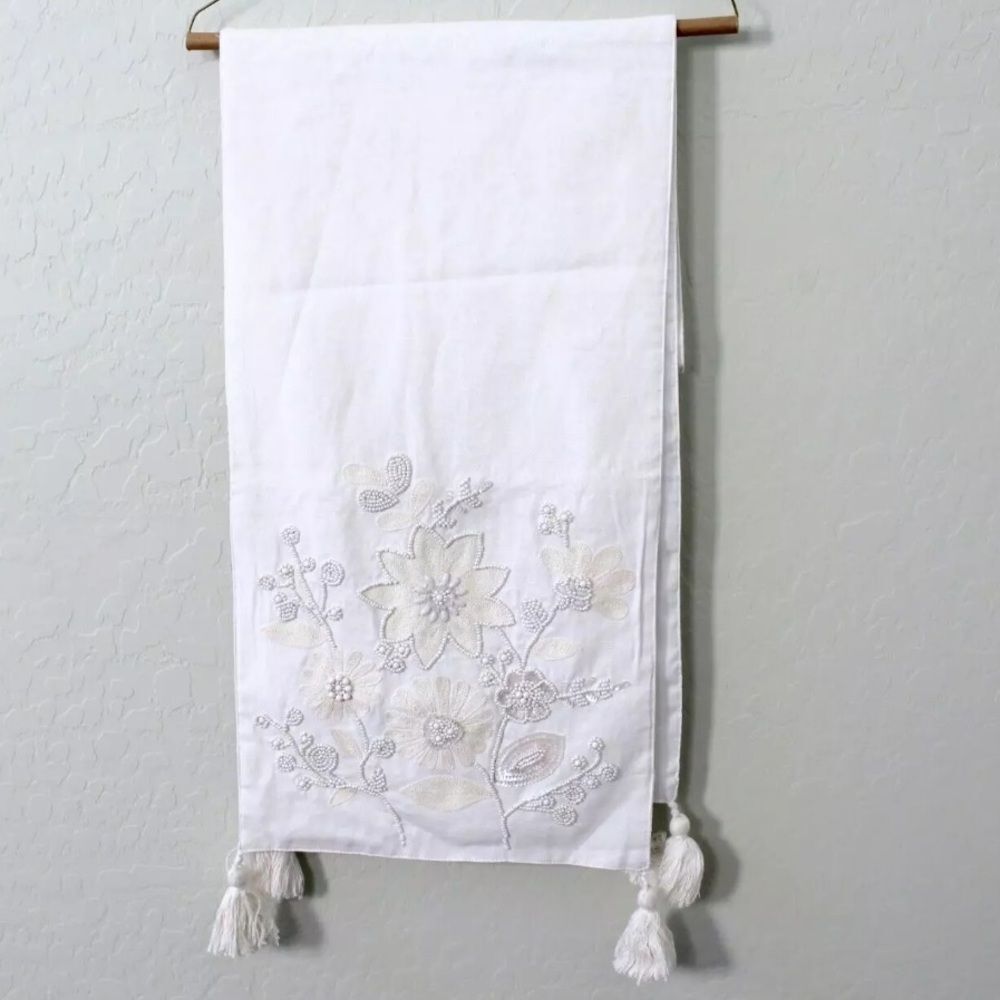 Pier 1 Imports Boho Floral Sequin Beaded White Embroidered Tassel Table Runner